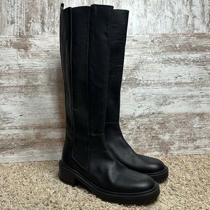 Enzo Tesoti | Mono Black Leather Chunky Lug Sole Tall Structured Riding Boot